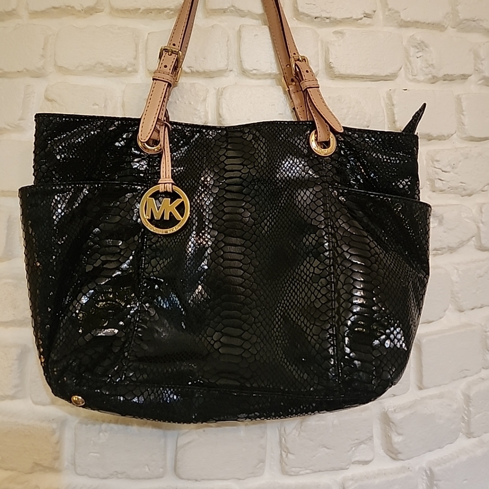 Michael Kors Black Snakeskin  Print Leather Tote